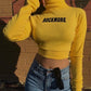 'ROCKMORE YELLOW' TOP - Maleta crop galbena cu maneca lunga si mesaj