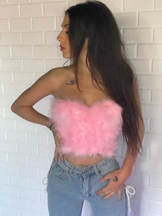 Corset ‘Pink Fur’ - Corset top roz cu pene roz si cupe