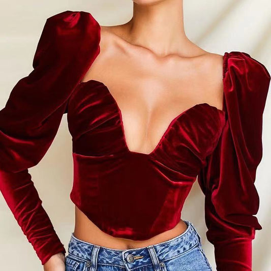 CORSET "RED VELVET" - Corset top rosu cu decolteu adanc din  catifea